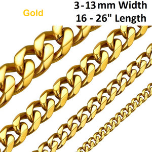 Gold Stainless Steel 316L 3-13mm 16-26" Mens Curb Chain Necklace Man Gift