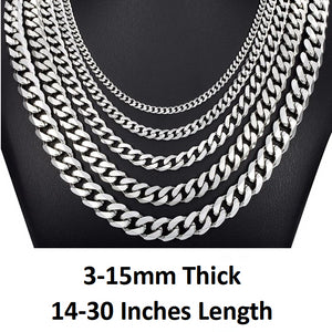 Stainless Steel 316L Silver 3,5,7,9,11,13,15mm & 14-30" Mens Curb Chain Necklace