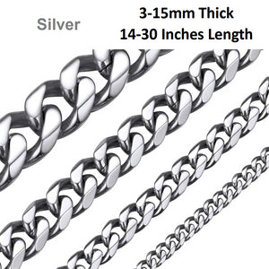 Stainless Steel 316L Silver 3,5,7,9,11,13,15mm & 14-30" Mens Curb Chain Necklace