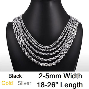 Stainless Steel Black, Gold, Silver 2-5mm & 16-26" Mens Twisted Knot Chain Necklace