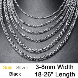 Stainless Steel Black, Gold, Silver 3-8mm & 16-26" Mens Twist Rope Wheat Chain Necklace
